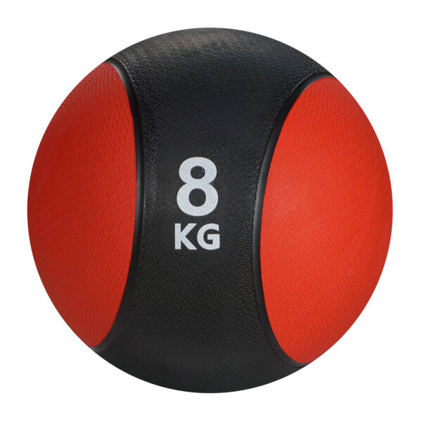 A black Medicine Ball from the 2kg - 10kg range featuring red panels and 8 KG printed on it.