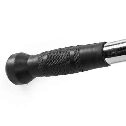 Close-up of a revolving press down bar, showcasing black rubber grips for enhanced control during bicep and tricep cable workouts