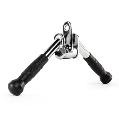 Revolving press down bar with rubber grips, a black gym cable attachment for tricep and bicep workouts, isolated on a white background