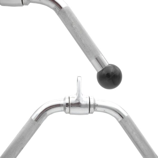 Close-up of the Wide Press Down Bar, a metal V-shaped gym cable attachment with knurled grips, a rotating joint, and a rubberized ball at one handles end.