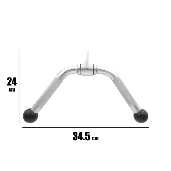 The Wide Press Down Bar is a V-shaped chrome handle for fitness machines, featuring black rubber ends. It measures 24 cm in height and 34.5 cm in width.
