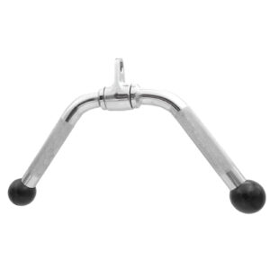 The Wide Press Down Bar features a chrome finish and has two textured handles extending from a central bracket, each ending with a black rubber cap for secure grip during workouts.