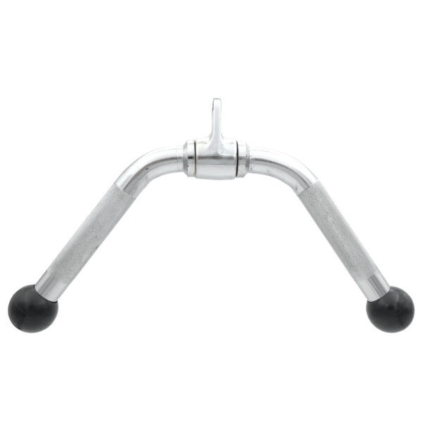 The Wide Press Down Bar is a V-shaped attachment with knurled grips and rubberized ends. Designed for gym equipment, it targets the back and triceps. The metal finish is shiny and reflective.