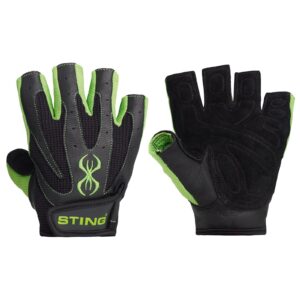 The Sting Atomic Training Gloves are black and green fitness gloves with cut-off fingers, featuring a neon green stylized spider design on the back and STING printed on the wrist strap, plus textured grip palms.