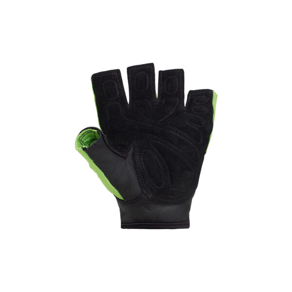 The Sting Atomic Training Gloves feature a black palm with green accents, highlighting padded areas for enhanced grip and comfort. These fingerless gloves are designed to protect your hands while maintaining dexterity during various activities.