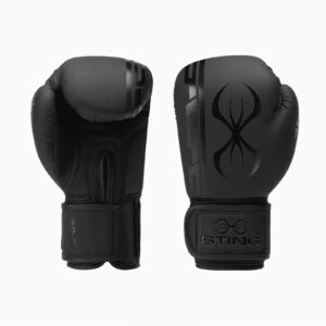 A pair of Sting Armaplus Boxing Gloves in black, featuring the logo and the word STING on the wrist, with one glove showing the palm side and the other the back.