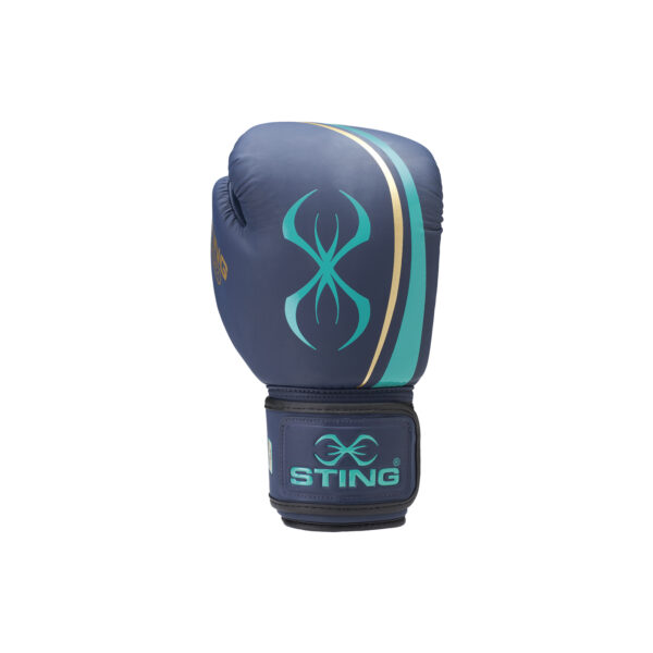 A Sting Aurora Womens Boxing Glove, showcasing a teal and gold design with the brand logo on the wrist strap, stands upright against a plain white background.