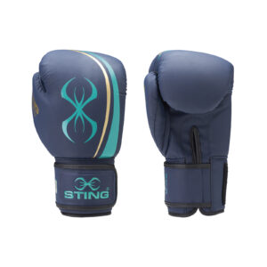 The Sting Aurora Womens Boxing Gloves are navy blue with teal and gold accents, featuring a stylized logo and STING in teal on the wrist. One glove faces forward, while the other reveals the thumb from a side view.