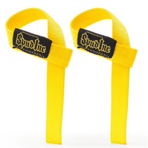A pair of Spud 1.5 inch wrist straps in bright yellow with bold black labels, ideal for weightlifting and strength training exercises.