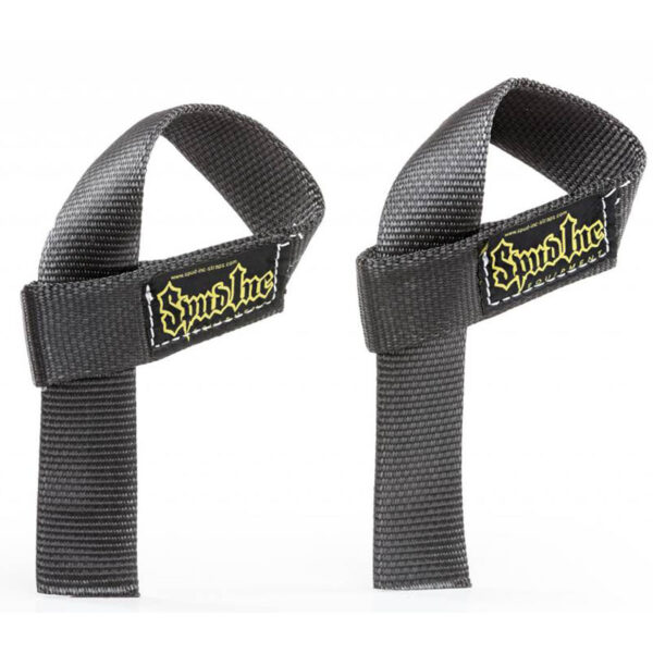 A pair of black lifting straps with yellow logo patches. The straps are positioned upright against a white background, showcasing their looped design and sturdy material.