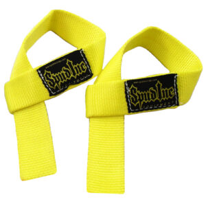 A pair of bright yellow weightlifting straps with black patches displaying the Spud Inc logo in yellow and white lettering. The straps are designed to wrap around the wrists and are used for enhancing grip during weightlifting exercises.