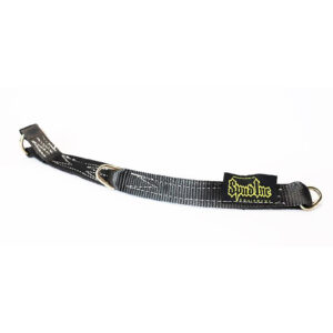 The Spud Inc Adjustable Loading Strap is a black and gray belt with a yellow logo patch, featuring metal loops on each end, laid flat on a white background.