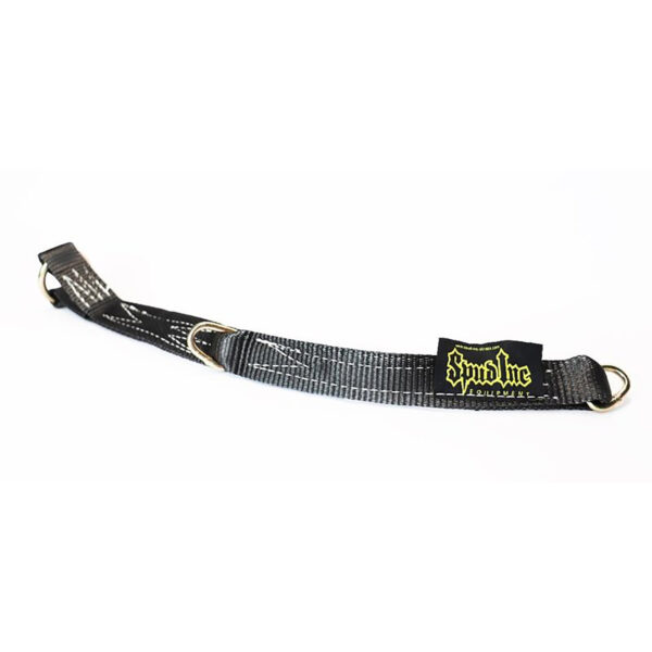 The Spud Inc Adjustable Loading Strap is a black and gray belt with a yellow logo patch, featuring metal loops on each end, laid flat on a white background.
