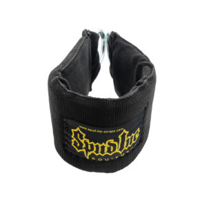 The Spud Inc Heavy Duty Ankle Cuff features a black strap with a yellow Spud Inc logo on a rectangular patch and padded interior for comfort, ensuring durability and support during weightlifting exercises.
