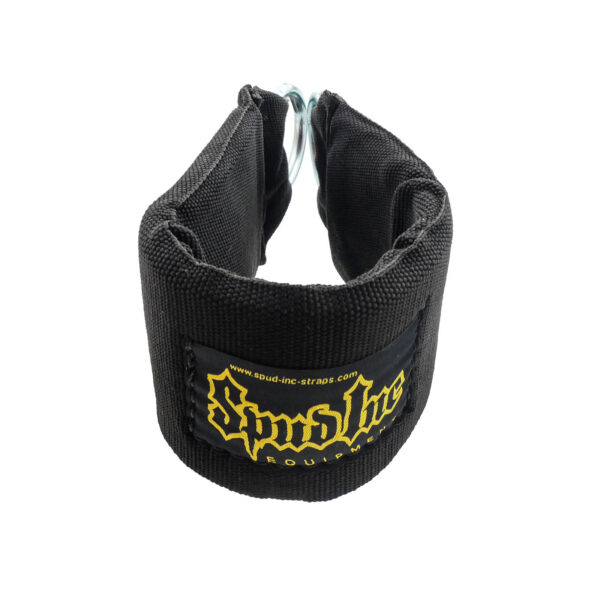 The Spud Inc Heavy Duty Ankle Cuff features a black strap with a yellow Spud Inc logo on a rectangular patch and padded interior for comfort, ensuring durability and support during weightlifting exercises.