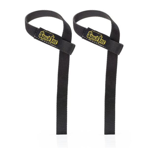 The Spud Inc Axle Wrist Straps, black with yellow branding, are designed for grip support during weightlifting. They feature loops at one end and are displayed vertically against a white background.
