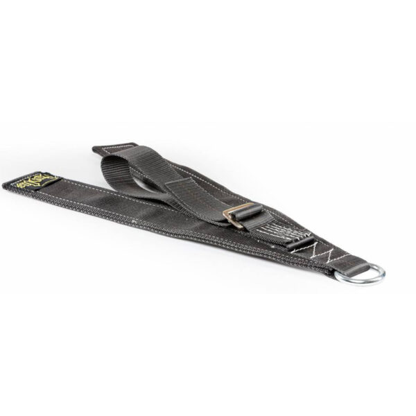 The Spud Inc Cheap Bastard Sled features a black lifting strap with a metal ring and reinforced stitching, set against a white background.