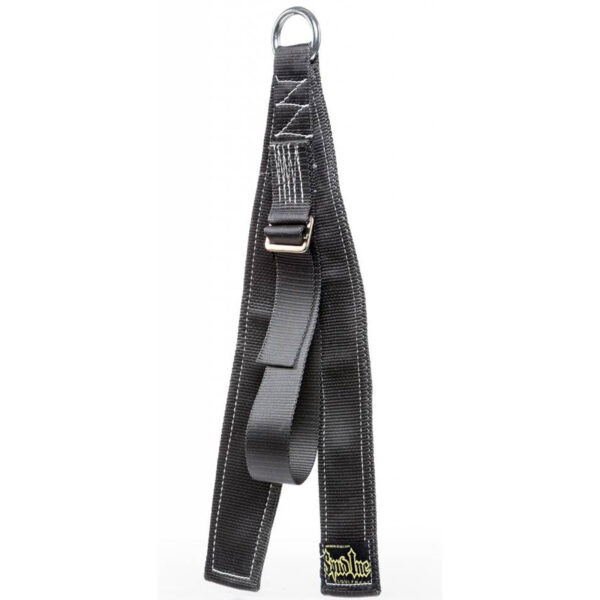 The Spud Inc Cheap Bastard Sled features a black heavy-duty nylon lifting strap with reinforced stitching, an adjustable buckle, a metal D-ring, and a branded logo at the bottom.