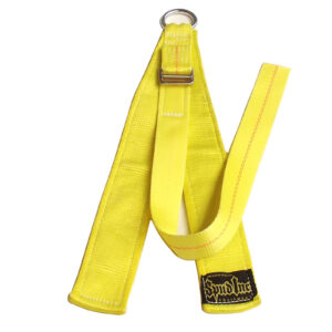 A yellow nylon tree climbing strap with reinforced stitching and a metal D-ring, laid flat displaying the Spydinc label in black and gold, is from the Spud Inc Cheap Bastard Sled.
