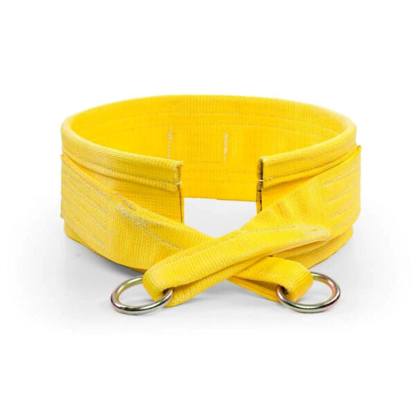 The Spud Inc Belt Squat Belt is a bright yellow weightlifting belt featuring adjustable straps and metal rings, crafted from sturdy fabric for strength training support, shown against a white background.