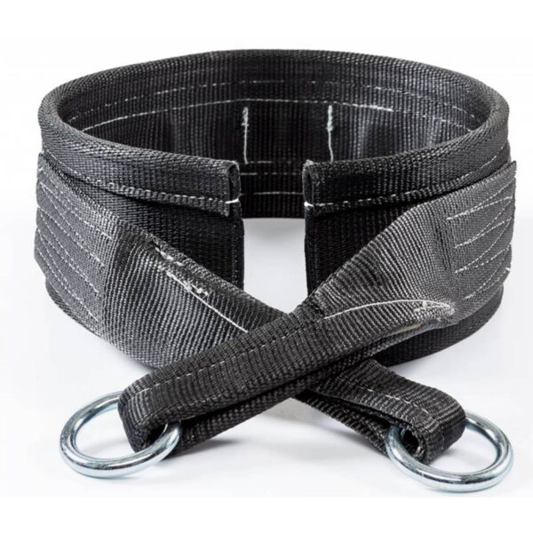 The Spud Inc Belt Squat Belt is designed in black nylon with reinforced stitching, featuring adjustable straps ending in metallic D-rings. Coiled to showcase its functional and durable design.