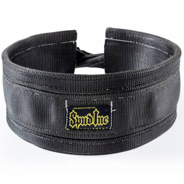 A black padded neck harness with reinforced stitching, an adjustable strap, and a label embroidered with Spud Inc in yellow and white.