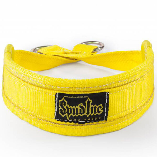 The Spud Inc Belt Squat Belt is bright yellow with reinforced stitching and features two metal D-rings. A black label in the center displays a logo in stylized white lettering.