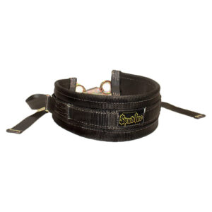 A Spud Inc Adjustable Belt Squat Belt in black nylon with metal rings and adjustable straps, featuring a yellow Special Line logo for equestrian training and saddle stability.