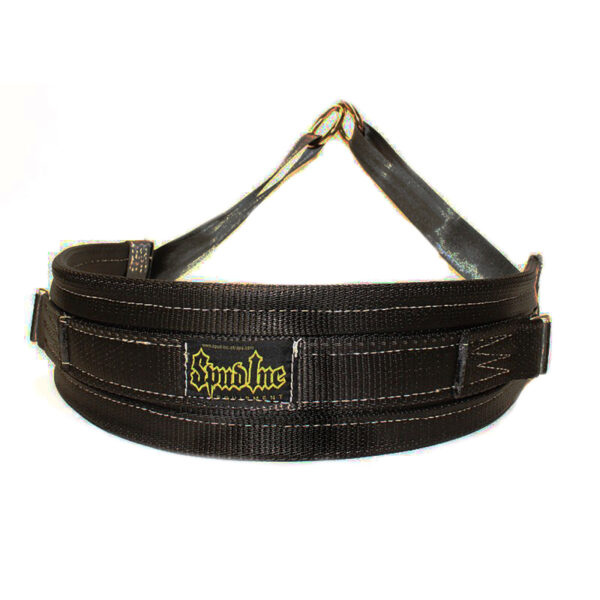 The Spud Inc Adjustable Belt Squat Belt is a black weightlifting belt featuring a yellow Spud Inc logo and is crafted from durable materials. It includes adjustable straps and a sturdy metal hook for secure fastening at the front.