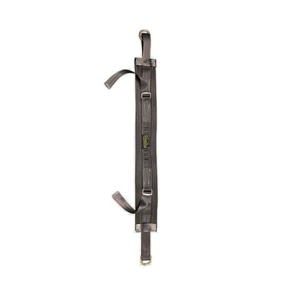The Spud Inc Adjustable Belt Squat Belt is shown flat against a white background. It features a gray padded shoulder strap with adjustable buckles on each end, and has additional small loops for attachments.