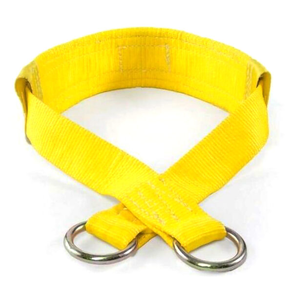 A vibrant yellow Spud Belt Squat Belt Small, featuring two metal D-rings on one end to form a loop. Laid flat on a white background, it resembles a hip belt while highlighting its durable stitching and striking color.