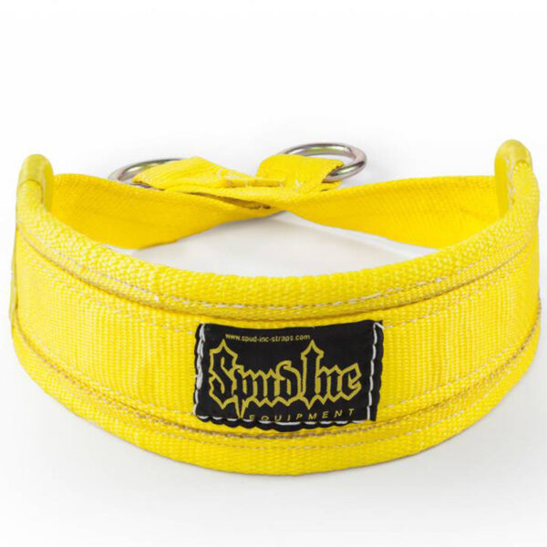 A yellow Spud Belt Squat Belt Small resembles a hip belt, featuring metal rings at one end and a black and yellow Spud Inc Equipment patch sewn onto it.
