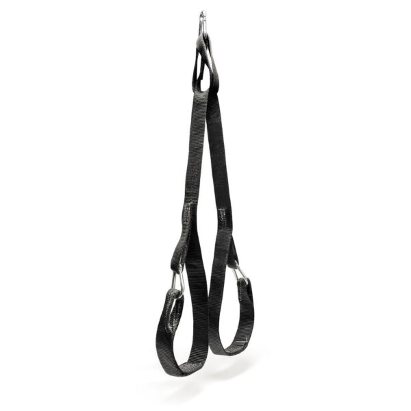 The Spud Inc The Big Ray Strap, a black climbing harness with two adjustable loops, hangs vertically against a plain white background. It features metal buckles and reinforced stitching for enhanced safety and durability.