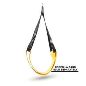 A yellow and black looped exercise band, Spud Inc The Big Ray Strap, is suspended against a white background. Text reads, Godzilla Band Sold Separately.