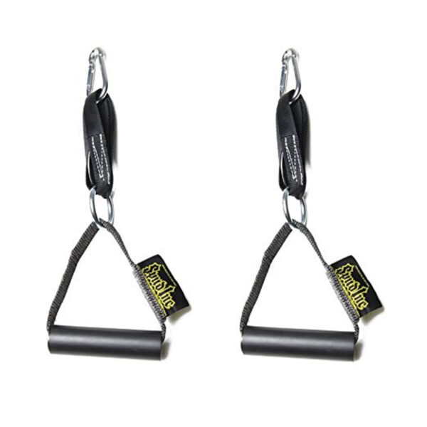 The Spud Inc Deluxe Cable Handles are black nylon exercise handles featuring carabiners and rubber grips. Ideal for attaching to resistance bands or home gym equipment, they come with attached branding labels.