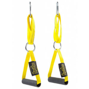 Two Spud Inc Deluxe Cable Handles featuring yellow resistance grips with black accents and metal rings, each linked to a carabiner, designed for fitness exercises against a white background.