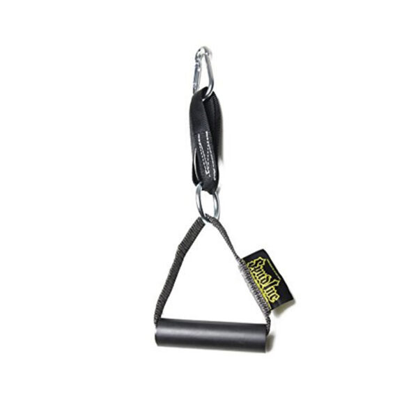 The Spud Inc Cable Attachment Handle Single is a black resistance band handle with a padded grip, featuring a metal carabiner and yellow logo tag.