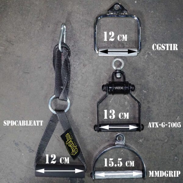 On a concrete floor, four gym cable attachments are displayed and labeled in cm: Spud Inc Cable Attachment Handle Single (hand grip), a triangle, a rectangle, and handle with bars.