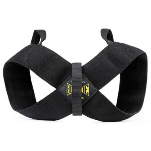 Spud Inc Bowtie Casual lifting straps feature an X-shape for superior support during heavy lifts. Crafted from durable fabric with reinforced stitching, they are marked by a yellow and black logo at the center.