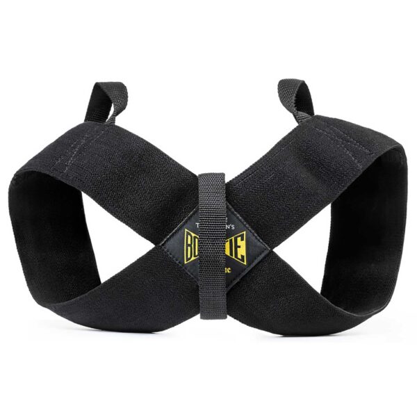 Spud Inc Bowtie Casual lifting straps feature an X-shape for superior support during heavy lifts. Crafted from durable fabric with reinforced stitching, they are marked by a yellow and black logo at the center.