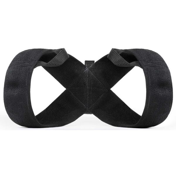 The Spud Inc Bowtie Casual is a black posture corrector with adjustable straps in an X shape, designed to support and align the upper back and shoulders.