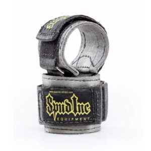 The Spud Choker Wrist Wraps are black and gray lifting straps featuring yellow Spud Inc branding. Coiled with velcro and secured with metal loops, theyre designed for strength training and weightlifting support.