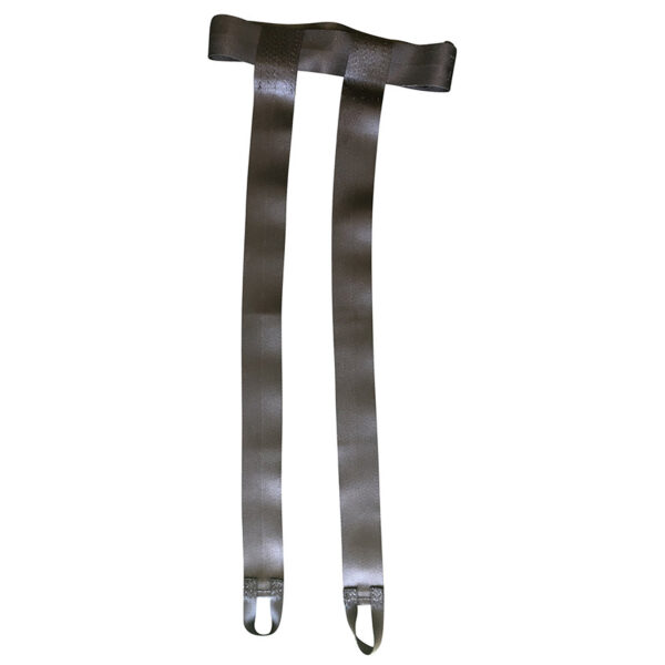 The Spud Inc Dr Squat Strap is a black elastic organizer strap featuring two long sections and loops at each end, ideal for attaching and securing items to a hammock or similar structure.