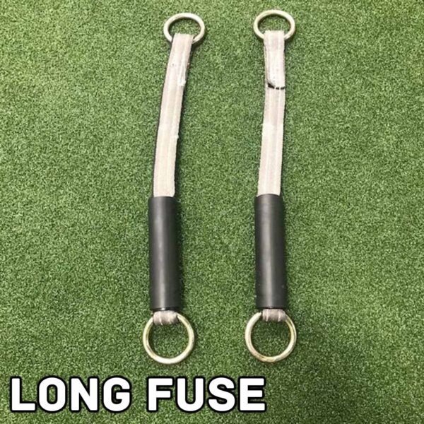 Two Spud Inc Dynamite Stick Long Fuses with metal rings on both ends are laid out on a green surface. The text LONG FUSE is displayed in white capital letters at the bottom of the image.
