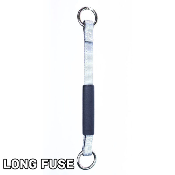 Displayed vertically, the Spud Inc Dynamite Stick Long Fuse features two metal rings at each end and a black rubber grip in the middle. LONG FUSE is written in the bottom left corner against a plain white background.