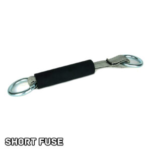 A short black and silver fuse with oval metal rings at both ends displays SHORT FUSE at the bottom left corner, from the Spud Inc Dynamite Stick Short/Long Fuse.