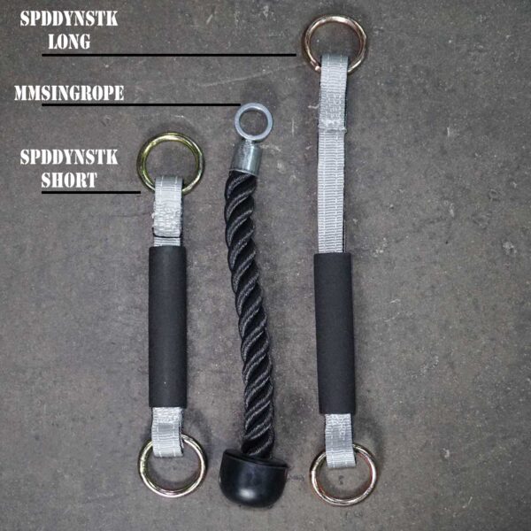 Three gym cable attachments on gray: two D-handle straps labeled Spud Inc Dynamite Stick Short/Long with metal rings and a black tricep rope labeled MMSINGROPE.