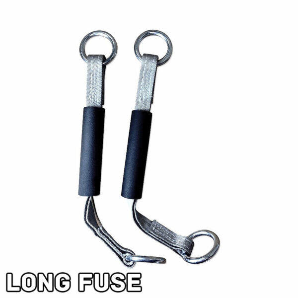 Two black and silver resistance bands with metal rings at each end are placed parallel on a white background, featuring the text Spud Inc Dynamite Stick Long Fuse in the bottom left corner.