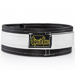 The Spud Inc 2 Ply Deadlift Belt is black and white with yellow Spud Inc branding. It features a sturdy design, reinforced stitching, and thickness ideal for strength training.