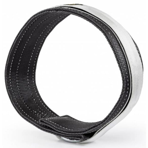 Close-up of the Spud Inc 2 Ply Deadlift Belt, a coiled black nylon design with white stitching and a metallic clasp, forming an incomplete circle loop against a white background.